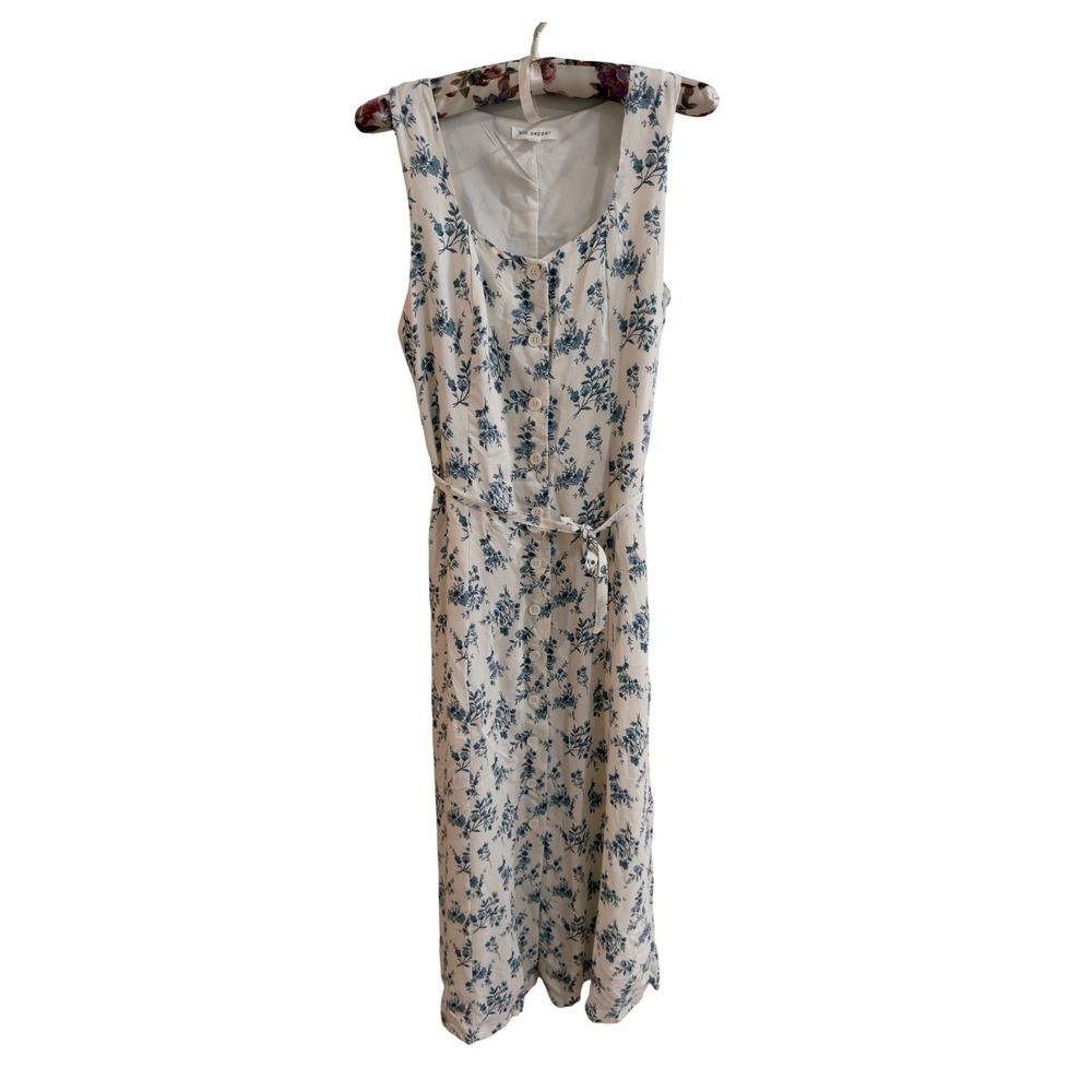 Blu Pepper Blue White Floral Cottagecore Sleeveless Midi Dress Medium Tie Back